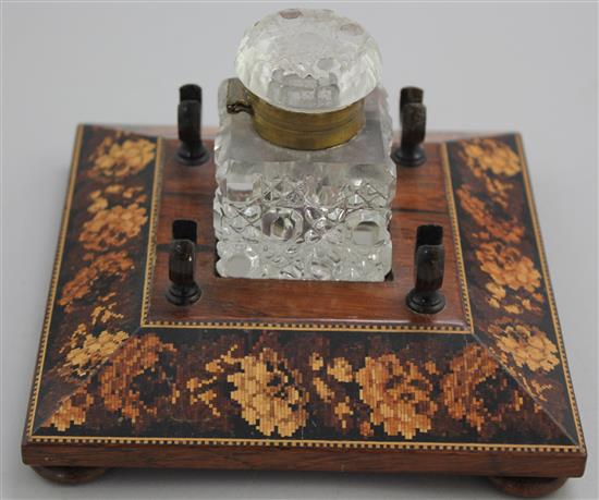 A Tunbridge ware rosewood flower mosaic banded inkstand, 6in.